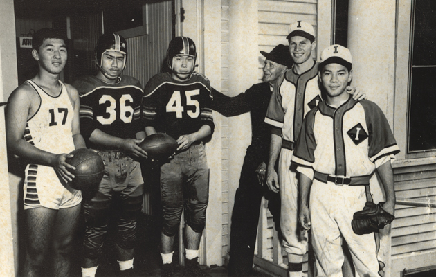 From L-R: Walter Taguma, Charlie Ka'aihue, Walter Nobuhara, Father Bray, Ben Almadova, Stan Zuckeran (Photo courtesy of 'Iolani School)