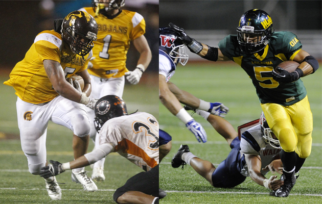 Mililani's Dayton Furuta and Leilehua's Ikaikai Piceno square off Friday.  (photos by Jamm Aquino and Bruce Asato / Star-Advertiser)