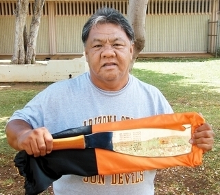 Campbell athletic Director Sam Delos Reyes has taken good care of the knife since 2005. Honolulu Advertiser photo from 2009.