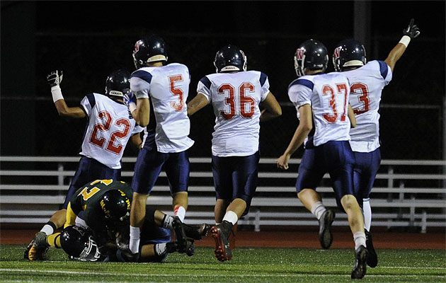 Waianae special teams players celebrated a score after recovering a loose ball during a kickoff last week in Leilehua. The Seariders are going to be tested on the road again this week when they visit Campbell. (Bruce Asato / Star-Advertiser)