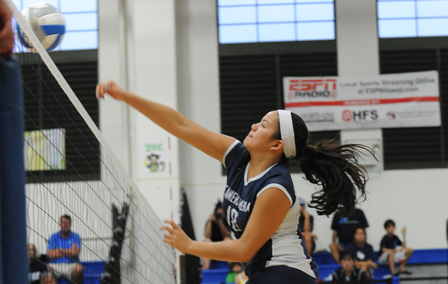 Kamehameha's Peyton Spragling went up for a kill against Moanalua on Thursday in Keaau. (Rick Ogata / Special to the Star-Advertiser)