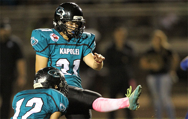 Kapolei's Arielle Stoyanow drilled an extra-point kick against Kailua. (Jay Metzger / Special to the Star-Advertiser)