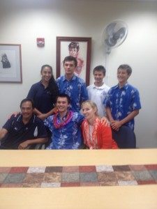 The Enriques family and Evan (front middle) after he signed with Stanford. (Photo courtesy of Nelson Wong / Kamehameha-Hawaii Athletic Department)