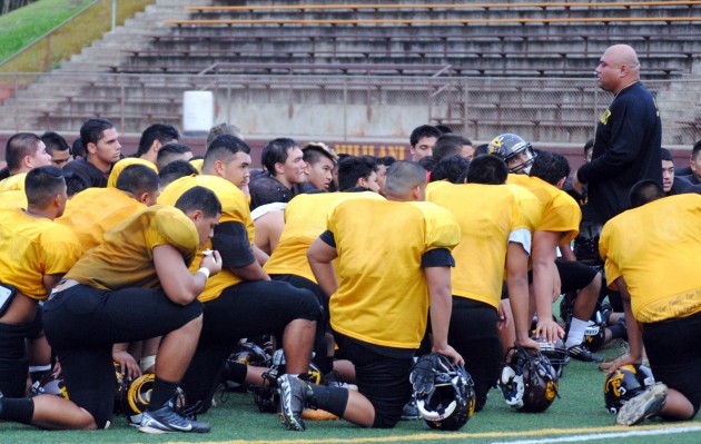 Mililani coach Rod York talked to his troops after practice on Wednesday.