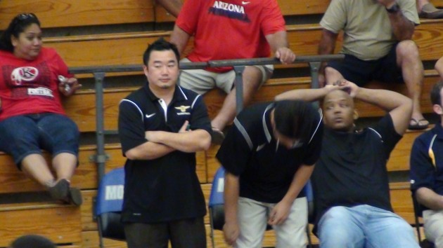 Punahou coach Darren Matsuda was not entirely happy with his team's win over Kahuku. (Paul Honda / Star-Advertiser)