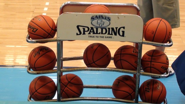 Host St. Francis has a triple rack of Baden basketballs, but some games have been played with Spalding TF-1000. (Paul Honda / Star-Advertiser)