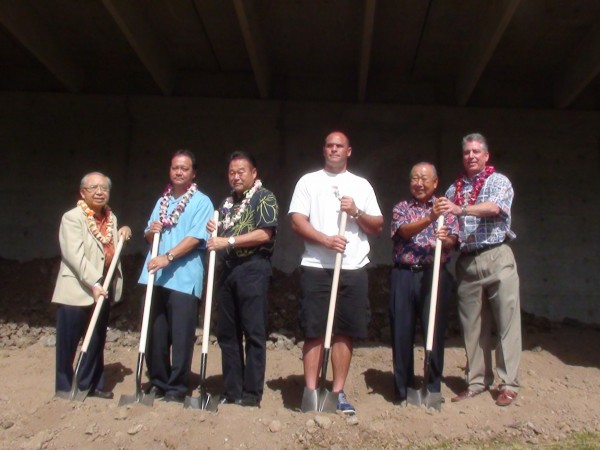 Groundbreaking on Wednesday morning of the Clarence T.C. Ching Athletic Center with donors. (Paul Honda / Star-Advertiser)