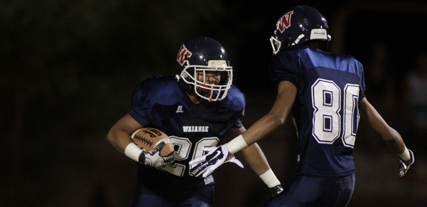 Waianae's Jurick Valdez, left, celebrated his touchdown with Robert Delenia against Moanalua on Aug. 15.  (Krystle Marcellus / kmarcellus@staradvertiser.com)