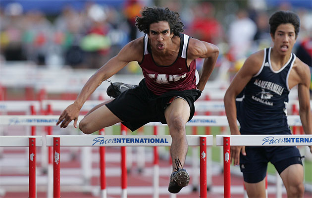 Ka'u's Jacob Edwards is one of only five boys to repeat in the 300 hurdles. Photo by FL Morris