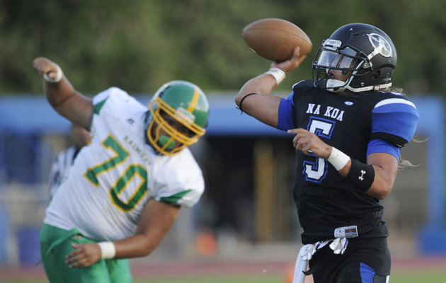 Most likely, Anuenue will not be fielding a varsity football team for 2016, deciding to concentrate on JV only. That decision is unofficial at this point. In photo, quarterback Kona Kelekolio threw a pass during the 2014 season. Bruce Asato / Honolulu Star-Advertiser.