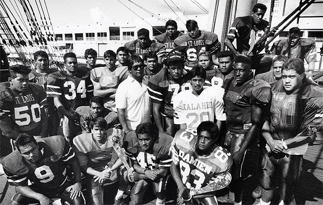 Members of the Star-Bulletin's 1989 All-State first team gathered for a photo around coach of the year Cal Lee. Search "1989" below to see the teams from both newspapers.