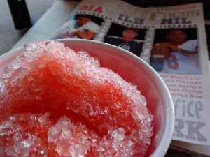 Beat the heat. Old-school shave ice, slightly crunchy, but very soft. Eli Kapu's annual magazine is also out. Only $5. 