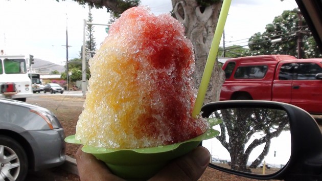 From the stand next to the food truck. Their smallest size, $3. Good deal. Mango and strawberry. 
