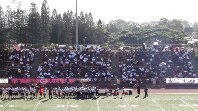 First half, JV game. Farrington's faithful fans have filled up roughly two-thirds of the visitors' bleachers as of 4:45 p.m.