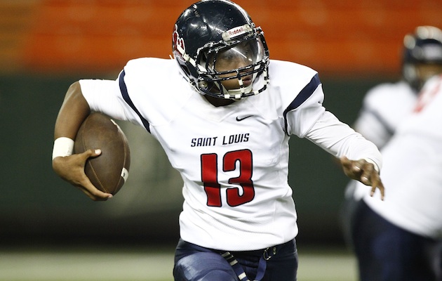 Quarterback Tua Tagovailoa and the Saint Louis Crusaders head west to face Kapolei in a scimmage at 5:30 Thursday.  Tagovailoa's brother plays for the Hurricanes and their father is a Kapolei assistant. Jamm Aquino / Honolulu Star-Advertiser.