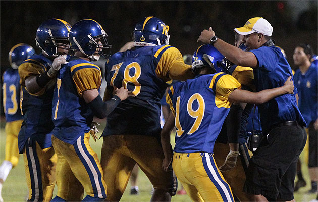 Kaiser celebrated a touchdown in the final seconds to beat Kahuku in 2014. Honolulu Star-Advertiser photo by Krystle Marcellus.