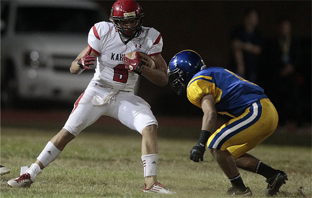 Soli Afalava and the rest of the Kahuku football team had a tough time on the road against Kaiser on Friday. Honolulu Star-Advertiser photo by Krystle Marcellus