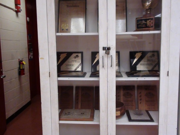 Gatorade athlete-of-the-year plaques are in there, including ones for Junior Ale, Natasha Kai and Redmond Tutor. 
