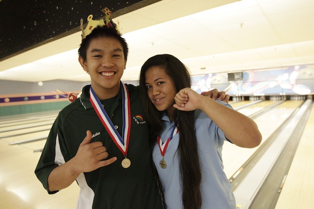 U.S. District Court Judge J. Michael Seabright dismissed a lawsuit filed against the ILH by Anastasia Saili, right, and her family. Saili, now a senior at Sacred Hearts, is shown with University's Nicholas Lacaden after they won the 2014 ILH girls and boys individual bowling titles. Krystle Marcellus / Honolulu Star-Advertiser.