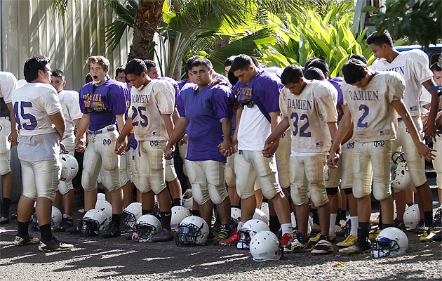 Damien has come a long way since it prepared to cross the purple line for the start of fall practice. Krystle Marcellus / Star-Advertiser.