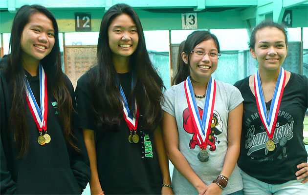 Top four finishers in ILH girls air riflery on Saturday, from left to right: Jaylene Lum (4th), Meagan Nakamoto (3rd), Toni Silva (2nd), Isabel Villanueva (1st). Photo courtesy Karen Finley.