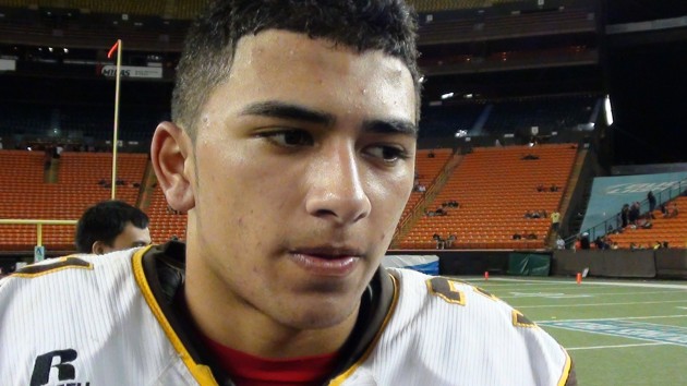 Mililani CB Ty Purcell-Apana returned a pick 83 yards for a TD and came up with a crucial strip of Punahou's Wayne Taulapapa inside the 5-yard line with less than a minute left. (Photo: Paul Honda)