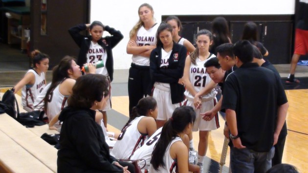 Coach Dean Young and his staff with the Raiders during a time out. ‘Iolani pulled away in the final quarter for a 65-49 win over Kailua. (Photo: Paul Honda)