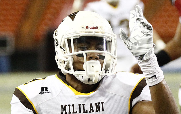 Mililani's Vavae Malepeai will take aim at the all-time state rushing record tonight.  Jamm Aquino / Honolulu Star-Advertiser.