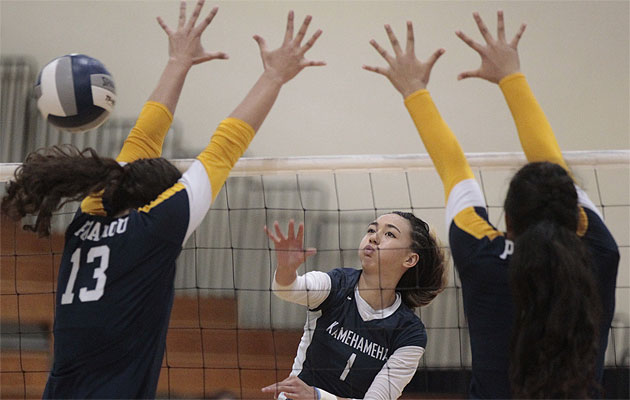 Sarah Lau and Kamehameha will have to beat Punahou's McKenna Rose Granato, left, and Vonica Malufau to repeat as a champion. Krystle Marcellus / Star-Advertiser