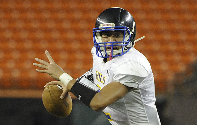 Hilo's gameplan got Sione Atuekaho a few open receivers, but the QB struggled to hit them. Bruce Asato / Star-Advertiser