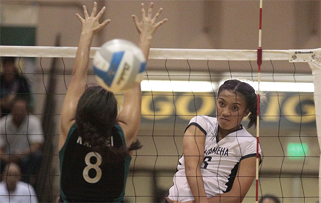 Stopping Kamehameha's Tiyana Hallums at the net might have been too much to ask of Kapolei's Annika San Nicolas. Krystle Marcellus / Star-Advertiser