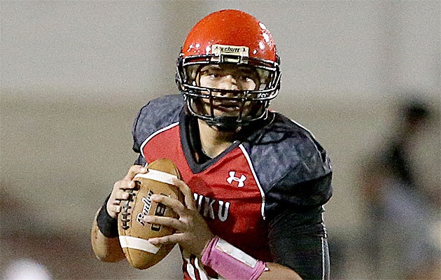 Kahuku might be faced with meeting Hilo without quarterback Tuli Wily-Matagi. Jay Metzger / Special to the Star-Advertiser