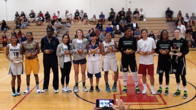 ‘Iolani Classic 2014 All-Tournament Team: Chanelle Molina, Konawaena; Honesty Grayson, Lena Niang, Riverdale Baptist; Keana Delos Santos, Sabrina Inoescu, Miramonte; Jiana Li, Shenzhen; Celena Jane Molina, Konawaena; Aquira DeCosta, St. Mary's; Keala Quinlan, Roosevelt; Mi'cole Cayton, Kat Tudor, St. Mary's. Photo: Paul Honda.