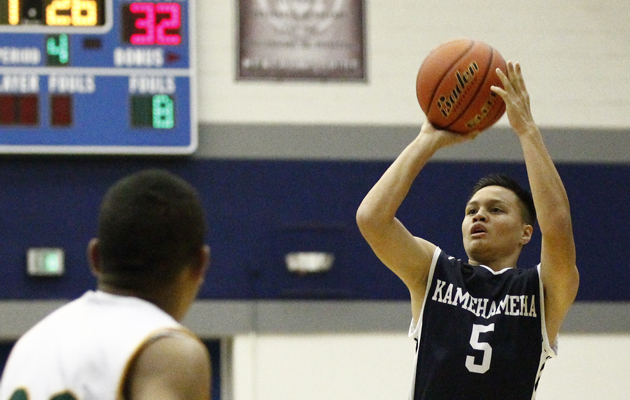 Kamehameha's Jayden Zarriello shoots a three-pointer during the second half of a pre-season boys high school basketball game between the Leilehua Mules and the Kamehameha Warriors on Thursday, December 11, 2014 at Moanalua High School in Honolulu.   (Honolulu Star-Advertiser/Jamm Aquino).