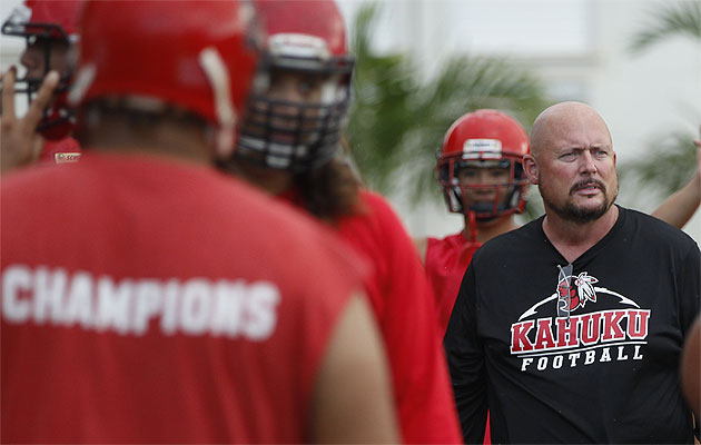 Lee Leslie led Kahuku to the state semifinals in his first year at the helm. Honolulu Star-Advertiser photo by Krystle Marcellus