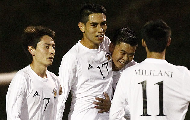 Mililani's Kalahikiola Judd was congratulated by teammates after his goal against Campbell on Friday. Jamm Aquino / Honolulu Star-Advertiser