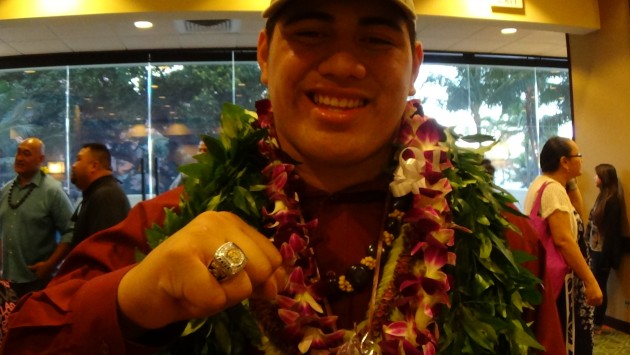 Mililani offensive lineman Jordan Agasiva was stoked about signing with Hawaii. (Photo: Paul Honda)