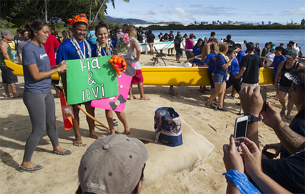 Kaiser High School's Kai Hasegawa, Levi Richards and Kia Hasegawa posed for photos at Keehi Lagoon after the OIA championships. Cindy Ellen Russell / Star-Advertiser