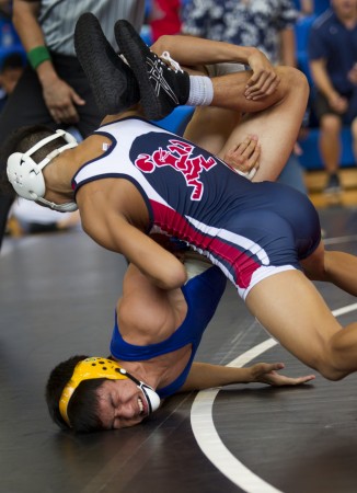 Saint Louis' Cody Cabanban  threw down Punahou's Cameron Kato during the 113-pound final at the Interscholastic League of Honolulu championships last year. The Buffanblu's Kato won the match and is now wrestling at 126. Cabanban, who finished second to Kato in the state two years ago at 106, is at 120 this year. Cabanban and his brother are among the Crusaders' leaders under veteran coach Al Chee. Dennis Oda / Honolulu Star-Advertiser.
