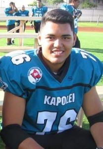 Kapolei's Sean Auwae and his Hurricanes teammates play Kahuku tonight. The highly recruited lineman got some distractions out of the way this morning by committing to UCLA. He admitted that he and the people closest to him had been leaning toward the Bruins. Courtesy of Pacific Islands Athletic Alliance. . Courtesy of Pacific Islands Athletic Alliance. 