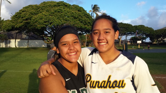 Mid-Pacific's Kaili-Ann Akimseu and Punahou's Bailey Akimseu shared a happy moment after the Owls eliminated the  Buffanblu from the postseaon. / Star-Advertiser photo by Nick Abramo.