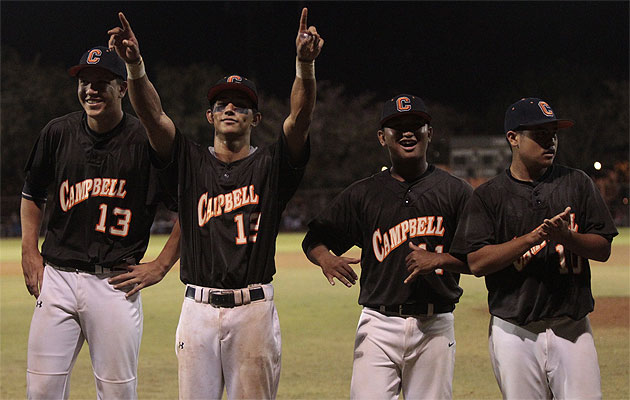 Campbell's Dirk Patrick Hinman, second from left, point to the crowd in celebration along with his teammates after beating Mililani for the OIA title. Krystle Marcellus / Star-Advertiser
