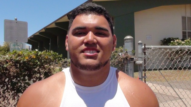 Kapolei junior Toleafoa Sean Auwae has become a highly coveted prospect. The 6-4, 305-pound offensive lineman is a regular at the Brian Derby Offensive Linemen Camp. Paul Honda/Star-Advertiser, Apr. 12, 2015  