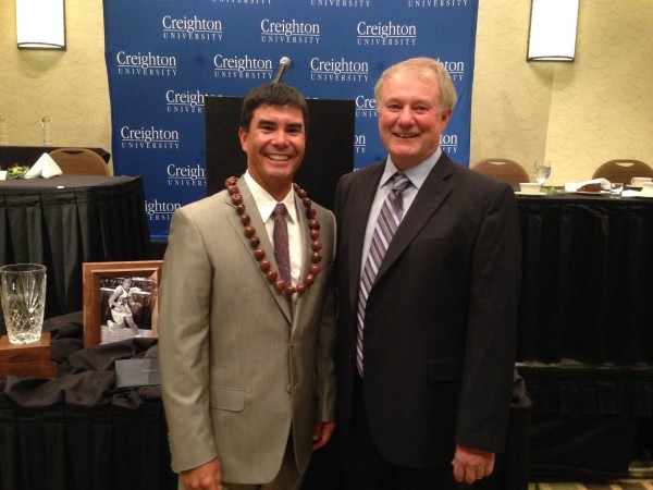 Creighton University inducted Punahou coach Rusty Komori, left, into its athletic Hall of Fame last year. At left is Komori's coach with the Bluejays, Ed Hubbs. / Courtesy photo.
