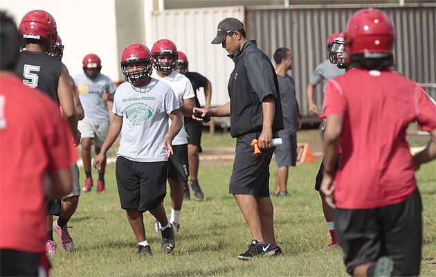 New Kahuku coach Vavae Tata held his first spring practice Monday. / Krystle Marcellus / Star-Advertiser.