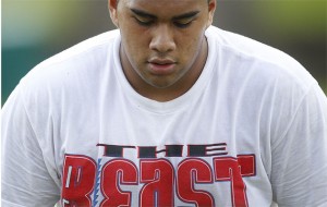 Punahou nose guard Patamo Soa, listed as 305 pounds as a junior, is back for his senior season. It's possible that his nickname is printed on his shirt.