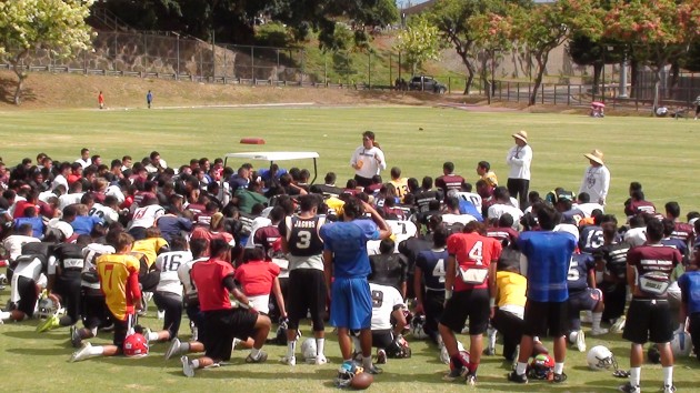 West Liberty assistant coach and former Kamehameha standout Abu Maafala speaks after the 7-on-7. Paul Honda/Star-Advertiser