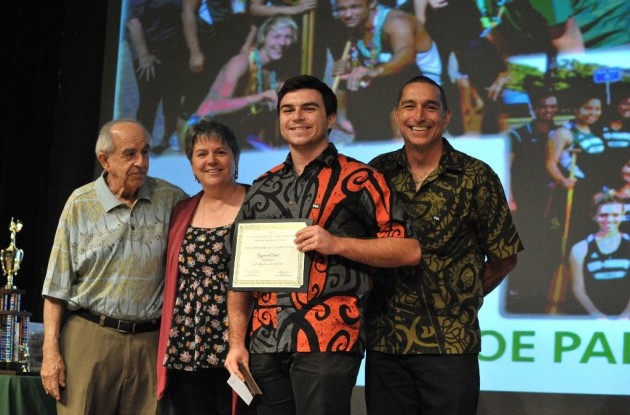 Mid-Pacific water polo player and paddler Raymond Hines, second from right, was one of two Hawaii recipients of National Interscholastic Athletic Administrators Association scholarships. / Courtesy of HIADA.