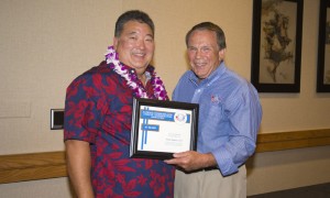 Saint Louis athletic director Wade Okamura, left, was honored by HIADA for his 30 years of service in Hawaii athletic administration. Courtesy of HIADA.