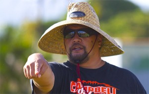 Campbell head coach Amosa Amosa made it a point to talk about team values during Monday's spring practice at Ewa Beach Community Park. / Dennis Oda / Star-Advertiser file photo.